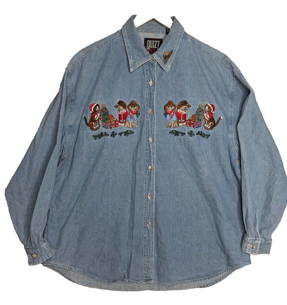Vtg Christmas Shirt Womens XXL/20W 90s Embroidered Denim Button Up Cats in Hats